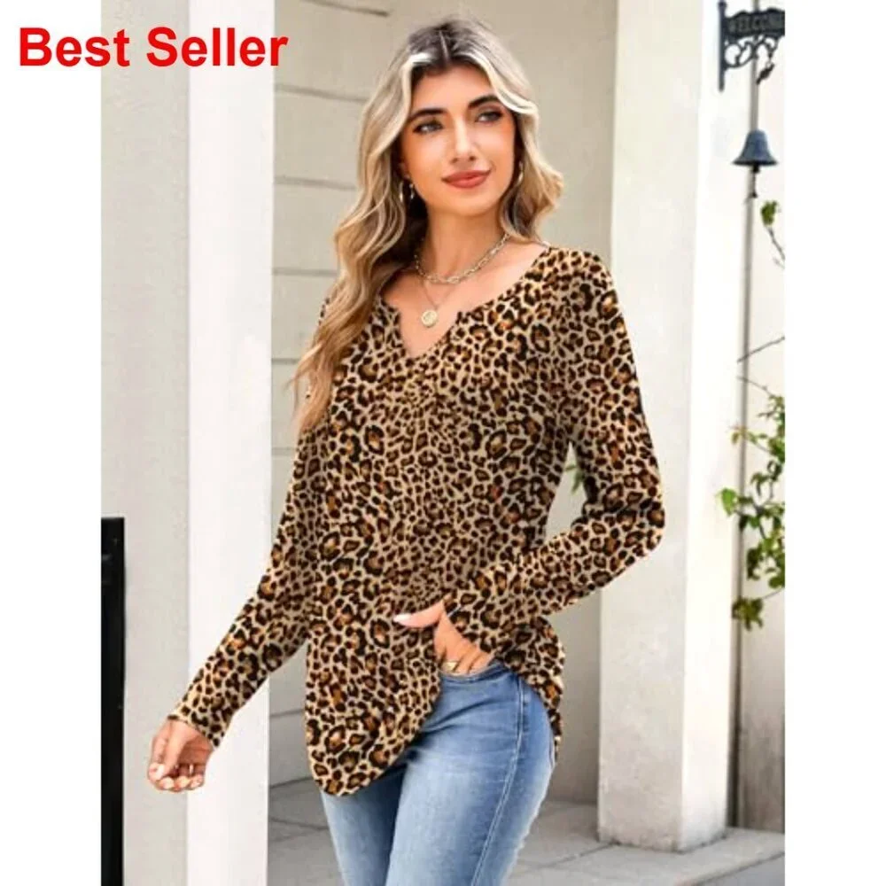 Long Sleeve V Neck Tunic Blouse, Polyester Spandex, Loose Fit for Work Casual